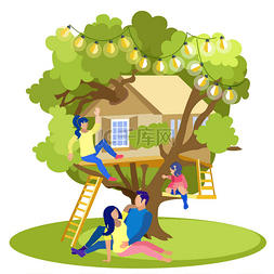 家庭花时间在树屋卡通