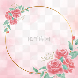 粉色水彩花朵边框图片_浪漫粉色花朵金色圆环水彩花卉边