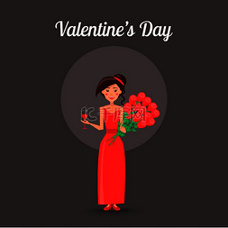 酒和玫瑰图片_情人节海报与穿着红色晚礼服的优