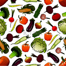 西红柿和茄子图片_健康的新鲜蔬菜背景与卡通无缝图