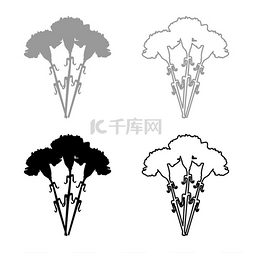 一束鲜花康乃馨设置图标灰色黑色