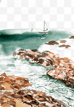 海岸风景图片_海边的礁石水墨