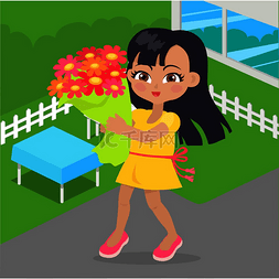 女孩在院子里手里拿着一束鲜花。