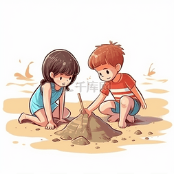 海边卡通游玩图片_小朋友夏日海边堆沙