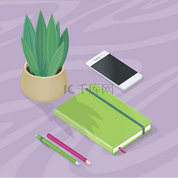 桌子上有书图片_有移动电话、铅笔、植物、笔记本
