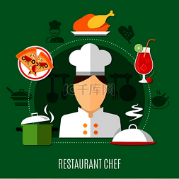 平面设计餐厅厨师概念与绿色背景