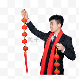 新年春节商务男性手拿灯笼串