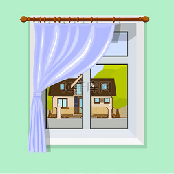 风景小插图图片_带窗帘的室内装饰和带小乡村房屋