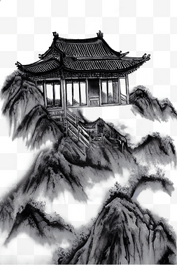 景色的图片_山顶上的寺庙水墨