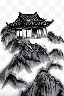 水墨风景画图片_山顶上的寺庙水墨