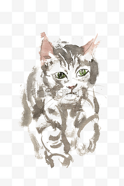 水墨画猫素材图片_中国风水墨画灰色的小猫