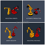 工业机器人和智能自动机组，现代工业的矢量图示，使用最新技术生产各种产品。
