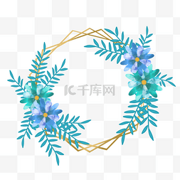花朵金边图片_蓝色植物花卉水彩婚礼植物花环