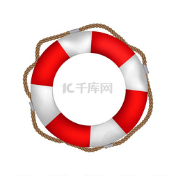 求生绳索图片_有绳索的镶边红色和白色救生圈。