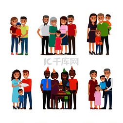 一组家庭的插图图片_一组幸福的家庭群像。