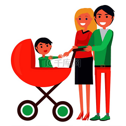 婴儿车里的婴儿图片_双亲节海报矢量插图快乐的母亲和