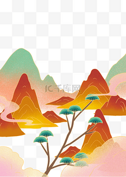 国潮秋季金色山水松树中国风景色