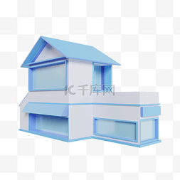 西方红房子图片_3D立体C4D建筑蓝色房子
