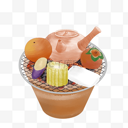 煮茶壶图片_手绘淡彩水彩围炉煮茶小火炉