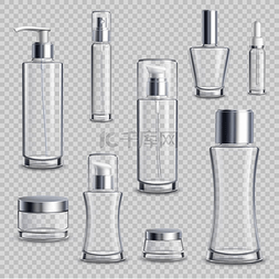 香水包装设计图片_化妆品包装逼真透明套装。