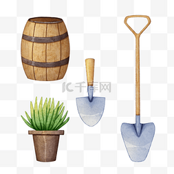 水彩盆栽植物图片_园艺工具铁锹和木桶水彩