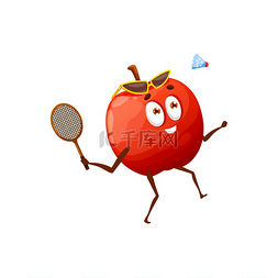 孩子积极健康图片_卡通苹果打网球火箭运动器材隔离