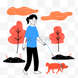 公园人物插画图片_女人狗遛狗公园走路插画抽象岩石