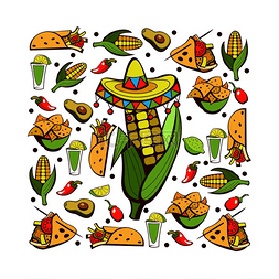 玉米棒矢量图片_墨西哥食物一套受欢迎的墨西哥快