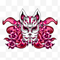 动物头部线条图片_狐狸面具和樱花日本风格粉色
