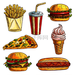 可口可乐食物图片_快餐草图图标集汉堡汉堡包芝士汉