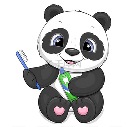 可爱的卡通熊猫与牙刷和牙膏。白
