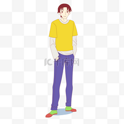 上衣裤子卡通图片_韩国团体蓝紫色裤子黄上衣男孩