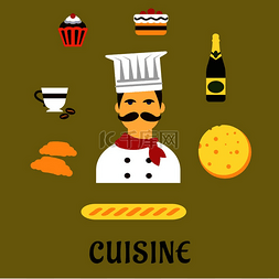 法国菜平面图标与白色无边帽和红