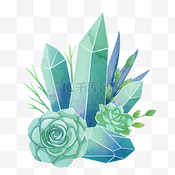 蓝色多边形几何图片_水彩水晶宝石和多肉植物