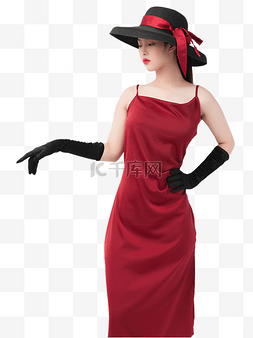 戴帽子女生图片_复古红裙大片美女人物