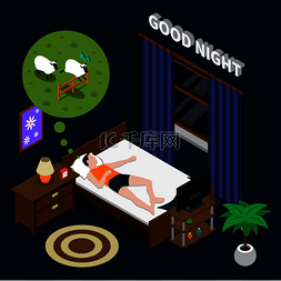 健康好睡眠图片_晚安在黑暗的背景下等距构图躺着