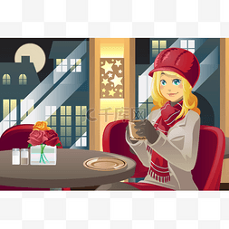 卡通热饮料图片_冬天女人喝咖啡
