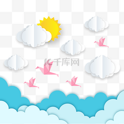 太阳多云图标图片_剪纸云飞鸟和海洋卡通图案