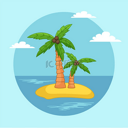 沙岛平面矢量上有椰子的棕榈树。