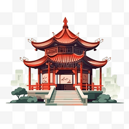 插画亭台图片_卡通中式建筑亭台楼阁