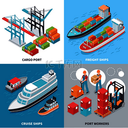 三维技术矢量素材图片_等距22设计概念货运和游轮以及海