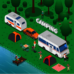 徒步海报图片_露营概念带有钓鱼拖车和家庭符号