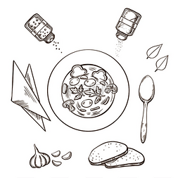 食物勺子图标图片_晚餐素描，一碗热汤被白面包、香