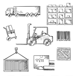 木箱运输图片_带有卡车、板条箱、条形码、容器