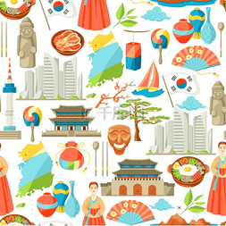 亚洲旅游图片_韩国无缝图案韩国传统符号和物品