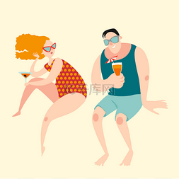 卡通喝鸡尾酒图片_在海滩上喝鸡尾酒的两个滑稽的卡
