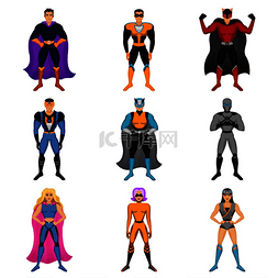 卡通男性角色图片_穿着超级英雄服装的卡通男性和女