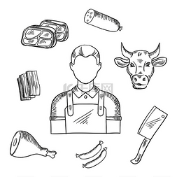 肉店和农贸市场的屠夫职业图标。