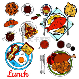 一杯茶和饼干图片_健康的午餐菜单图标，上面有五颜