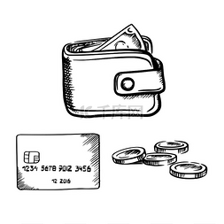 银行卡钱图标图片_银行卡、钱包、钱和硬币在白色背